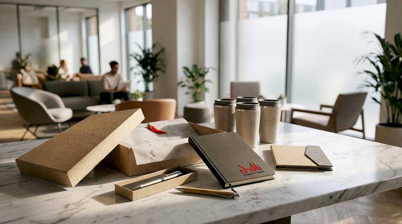 Close-up of branded HR gifts assortment