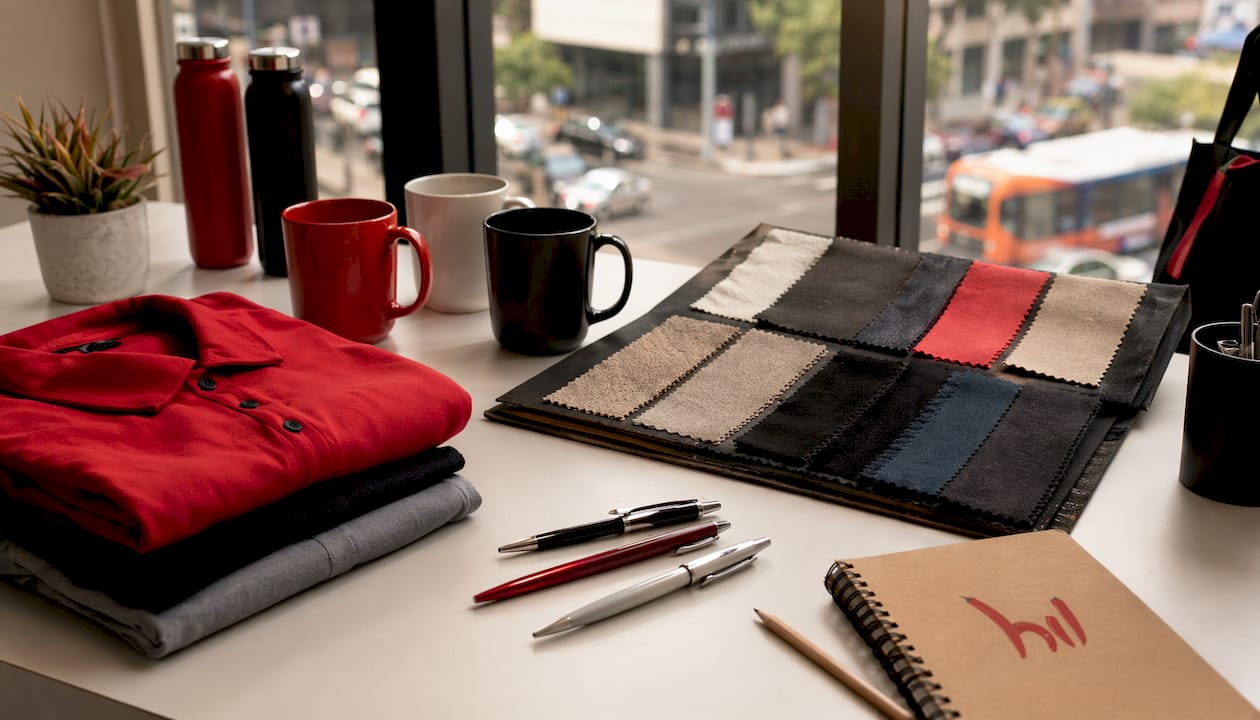 Branded merchandise samples with color swatches on desk