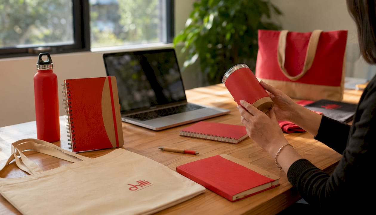 Close-up of supplier product samples on table