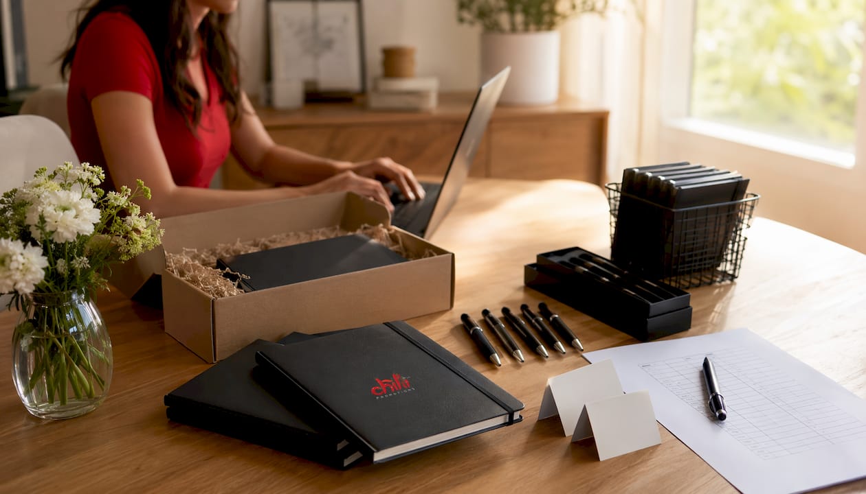 Workspace showing branded gift selection process