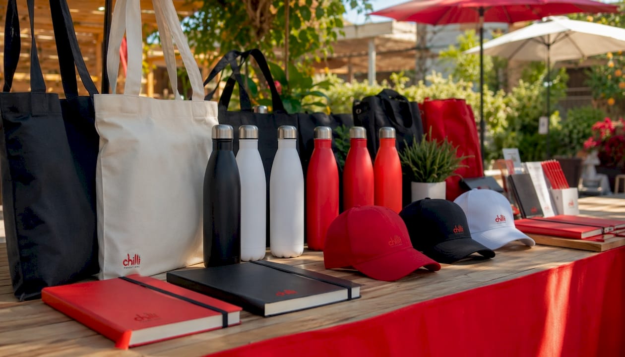 Branded merchandise items displayed on table