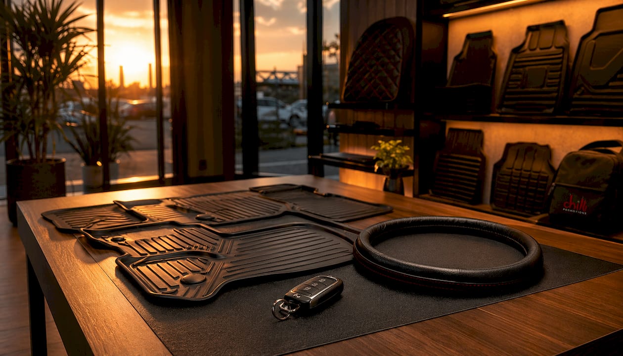 Branded car accessories displayed in dealership