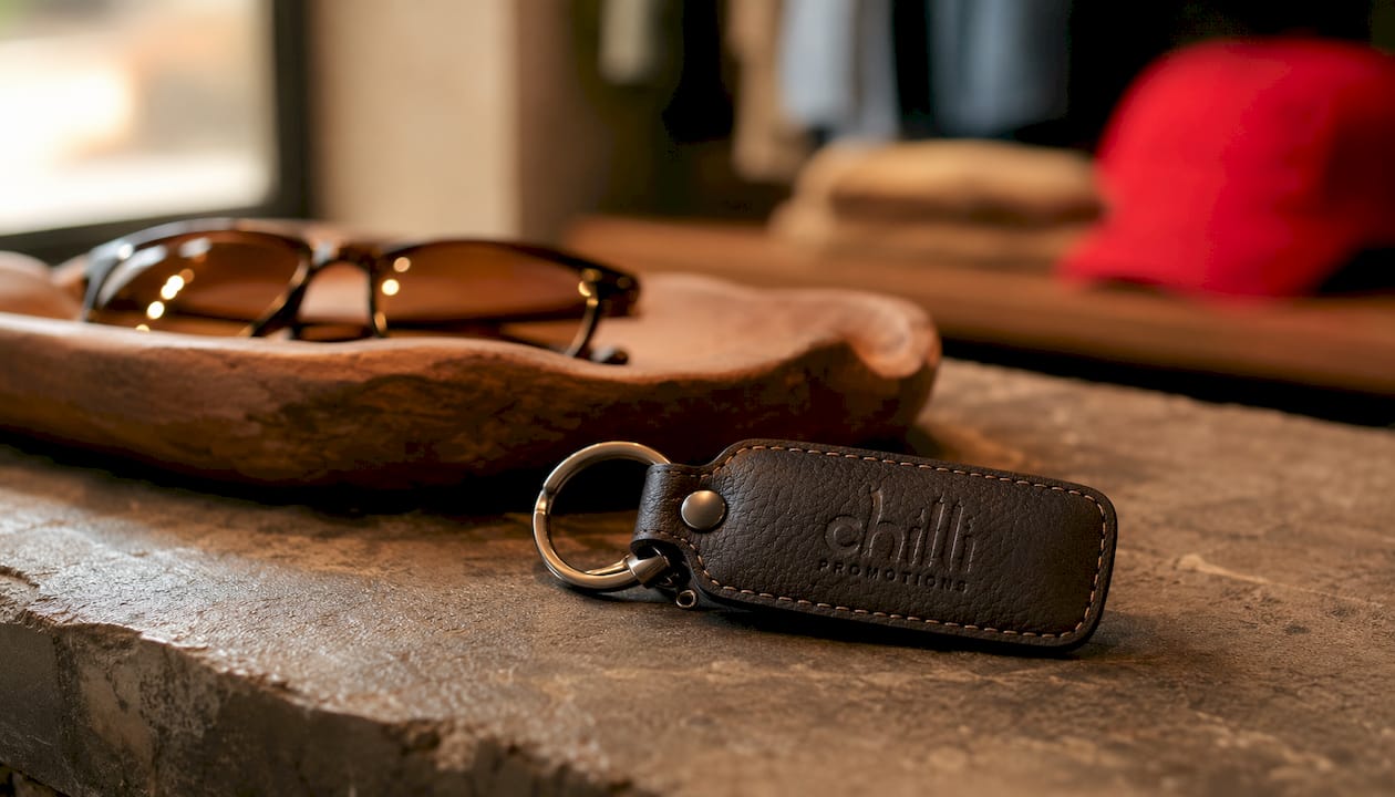 Close-up of leather keyring on wooden surface