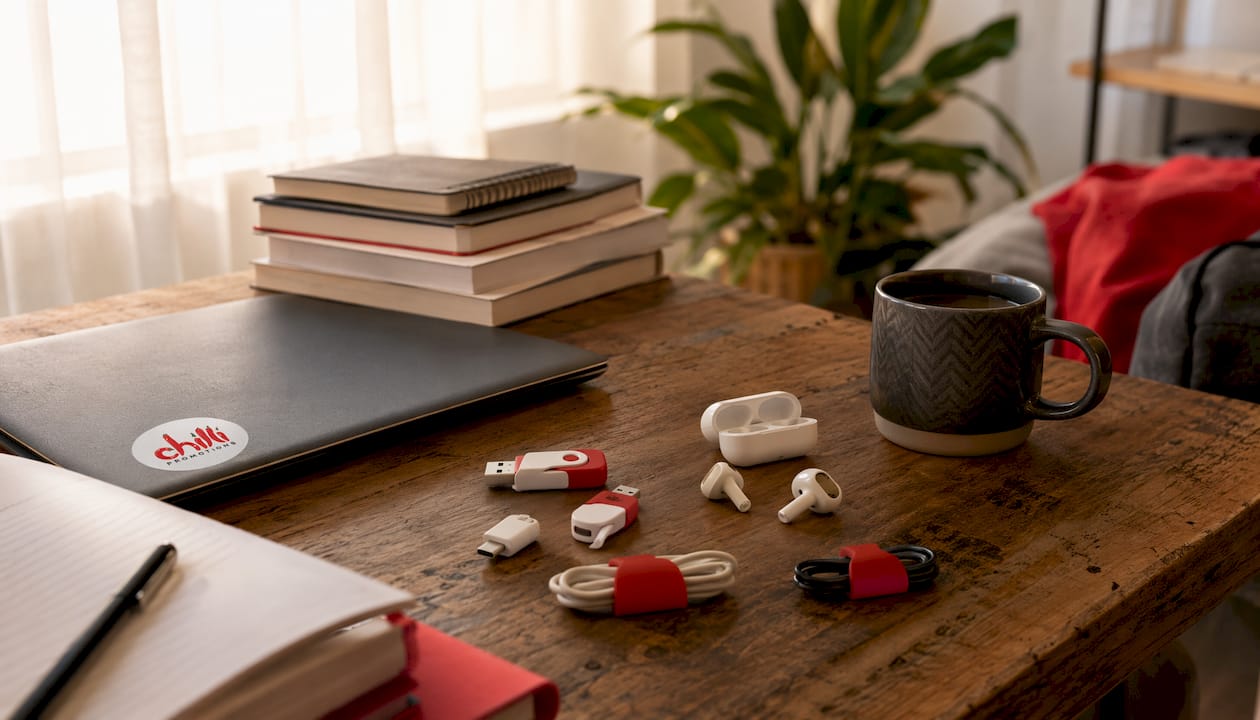 Branded tech accessories on student desk
