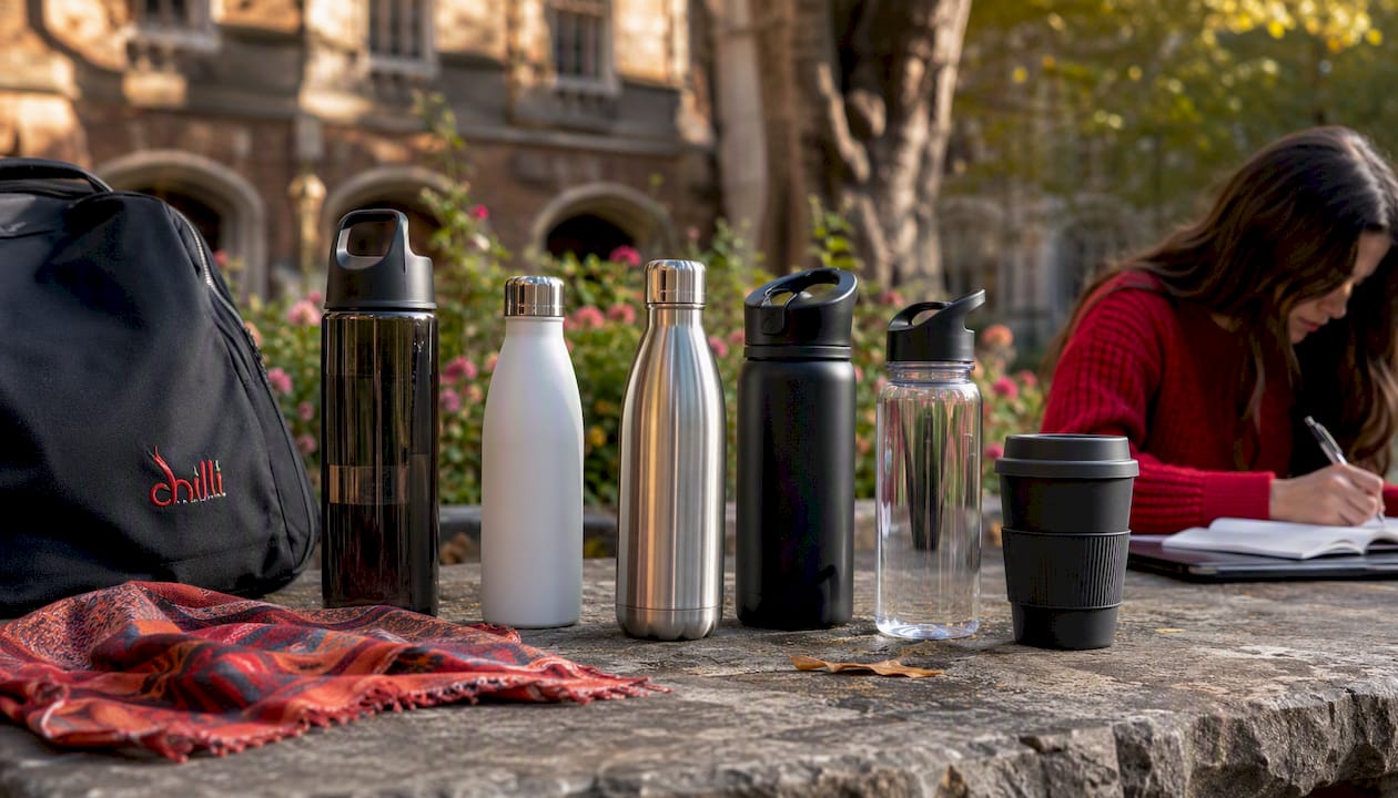 Variety of branded reusable drinkware bottles on table
