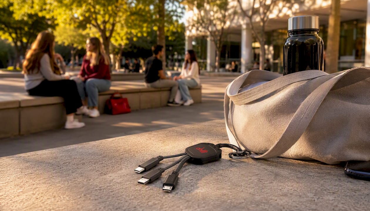 Branded multi-cable tech accessory with university merch