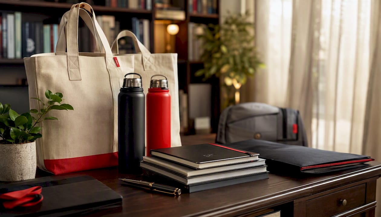 Close-up of promotional product samples on desk
