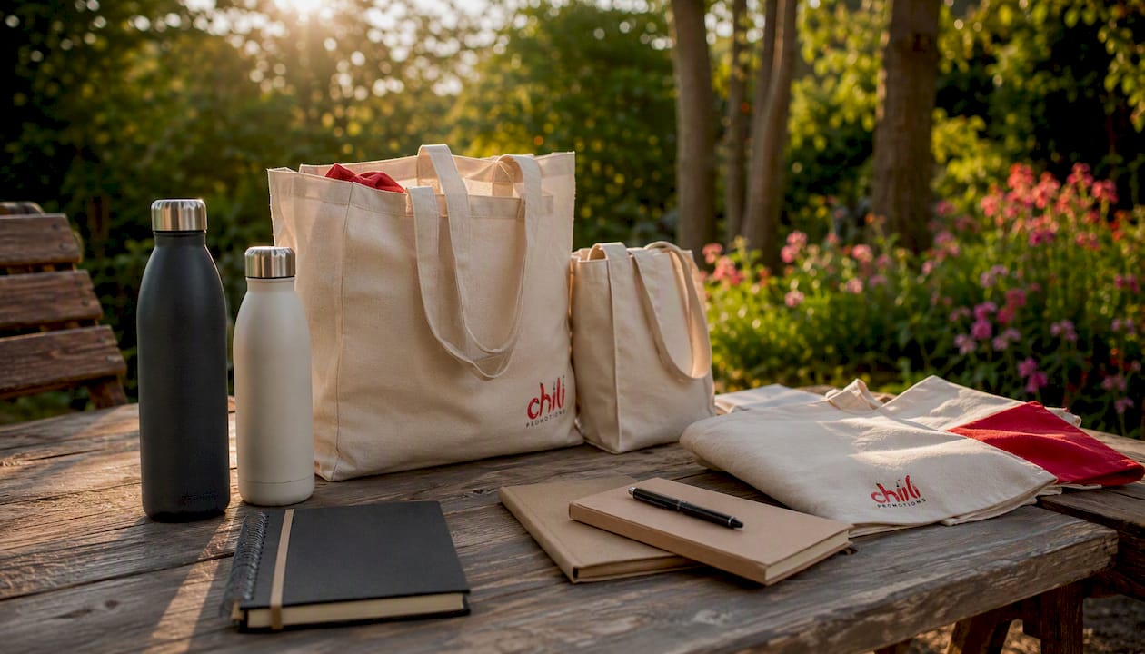 Sustainable drinkware and tote bags on table