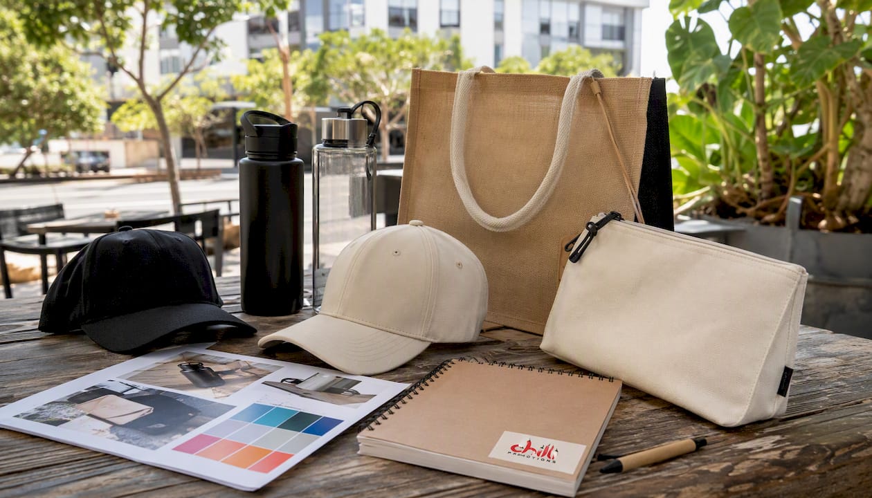 Sample promotional products on meeting table