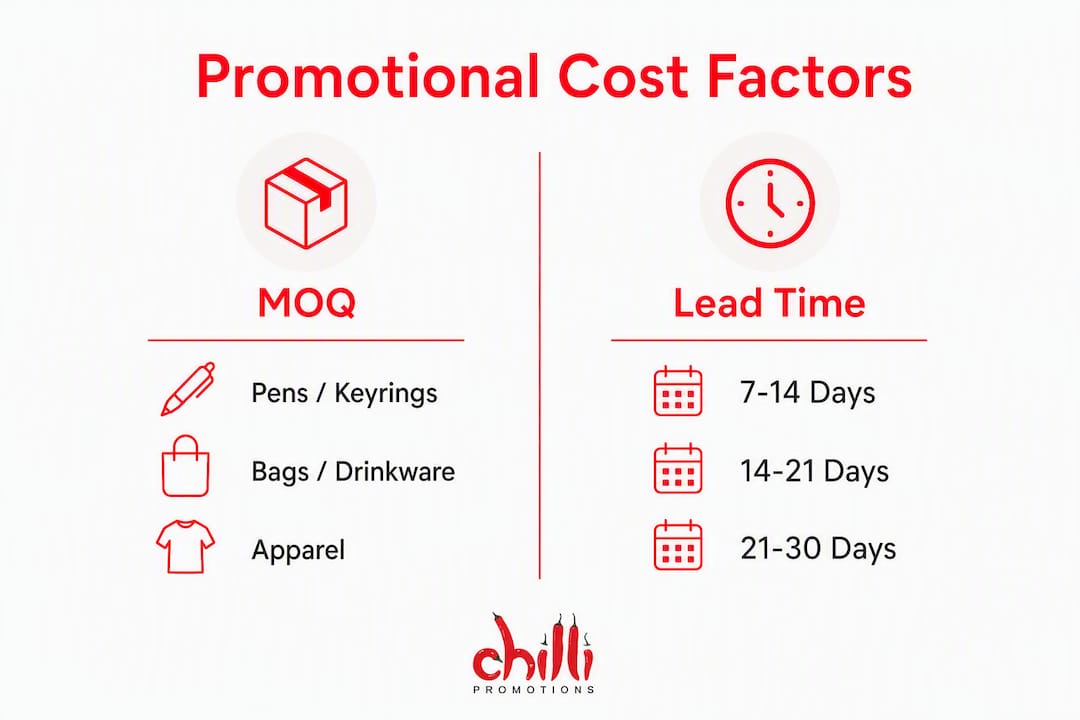 Infographic showing MOQ and lead time for promotional products in Australia