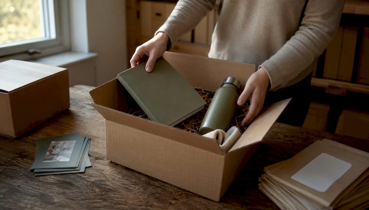 Hands packing merchandise gift pack