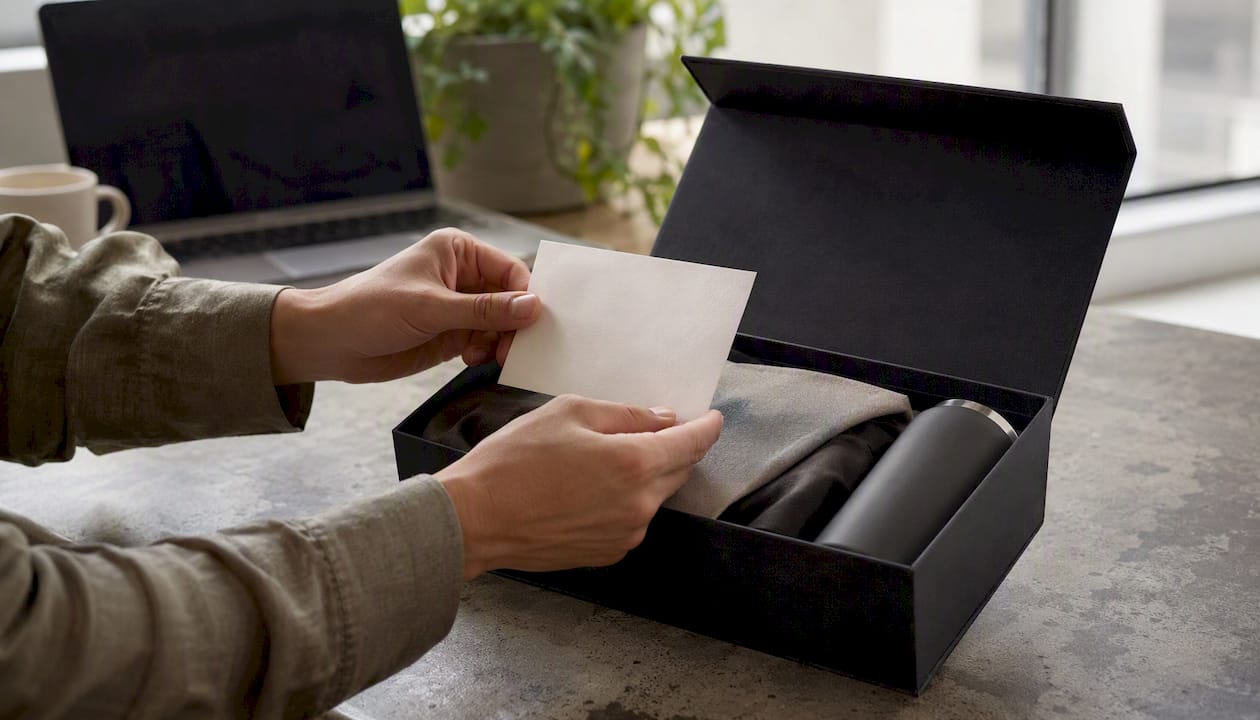 Hands placing note in merchandise gift box