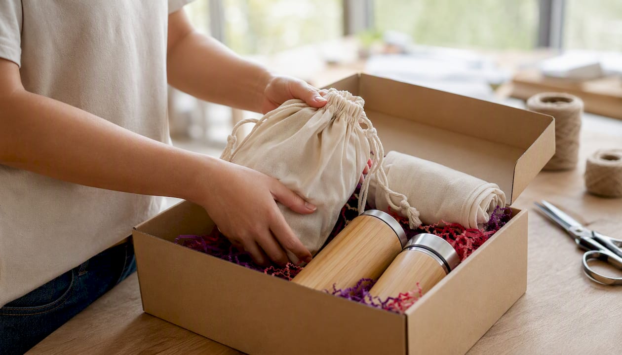 Hands packing sustainable promotional products