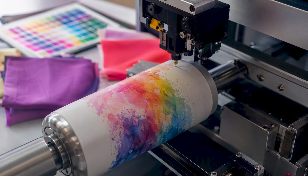 Dye sublimation printer applying ink on coated bottle