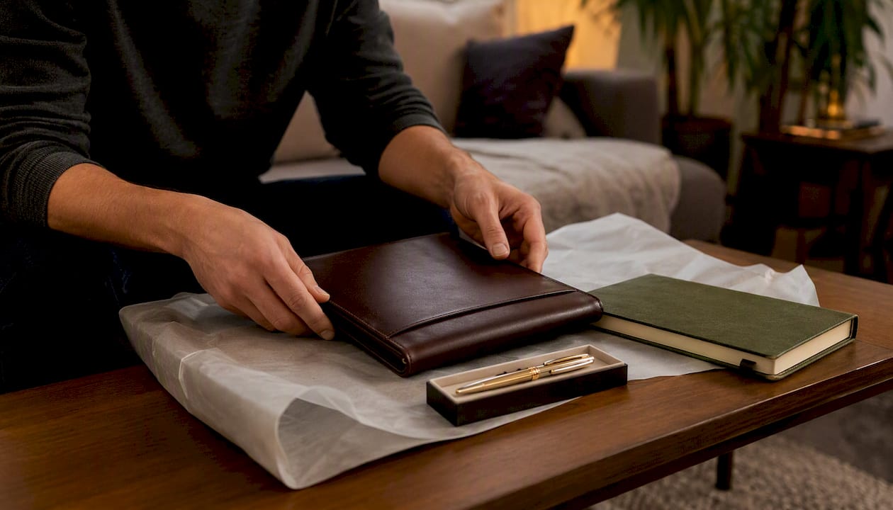 Close-up of hands arranging premium bank anniversary gifts