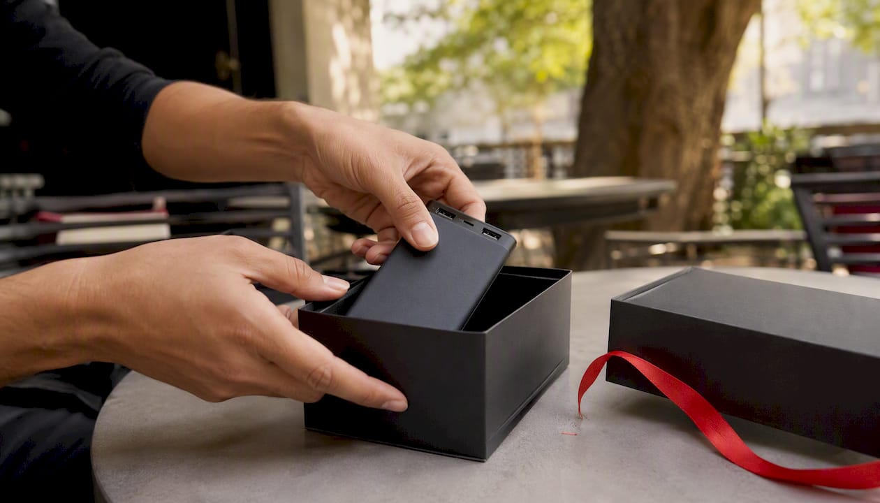 Hands packaging modest referral thank-you gift for bank client