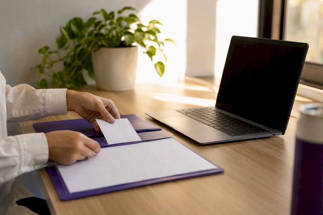 Hands organising gift audit records and receipts