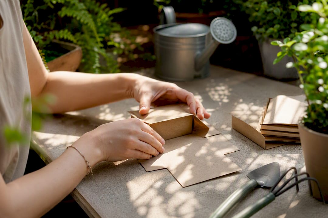Hands assembling FSC paper packaging