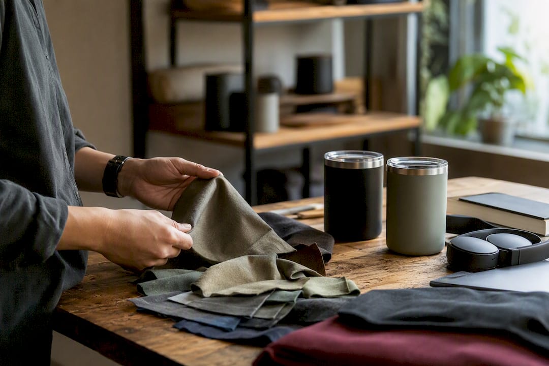 Hands selecting premium swag items