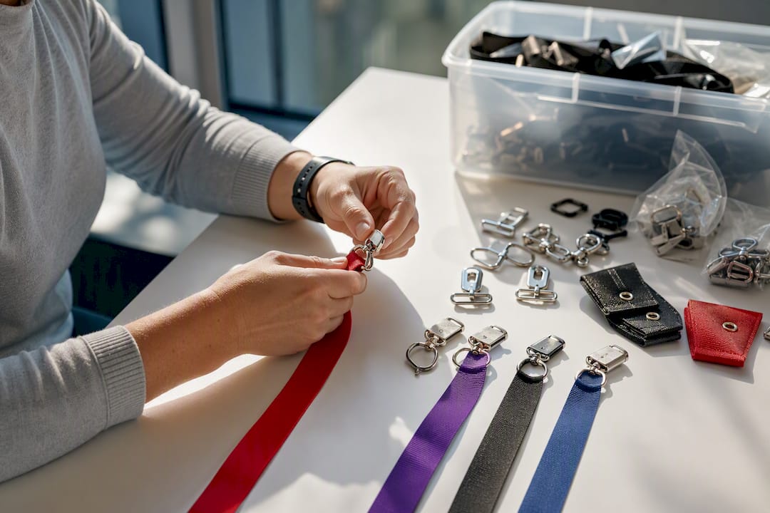 Hands attaching swivel lobster clips to lanyards