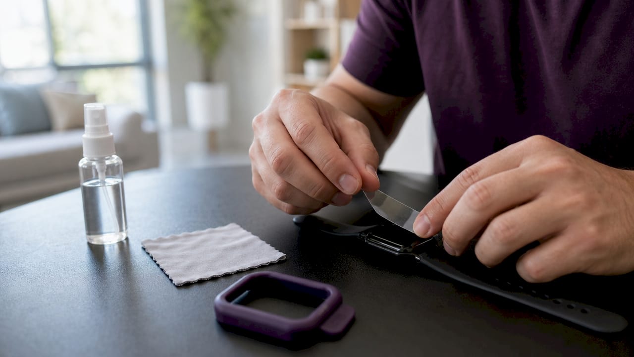 Hands applying polymer film screen protector