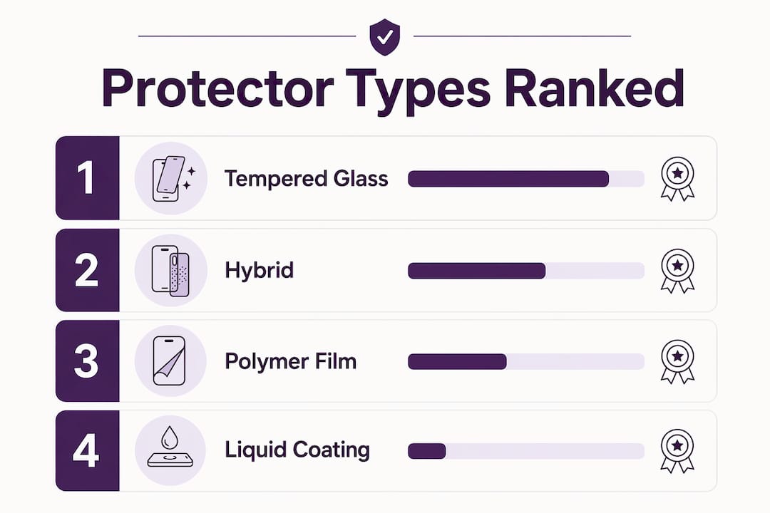 Infographic ranking smartwatch screen protector types by key features