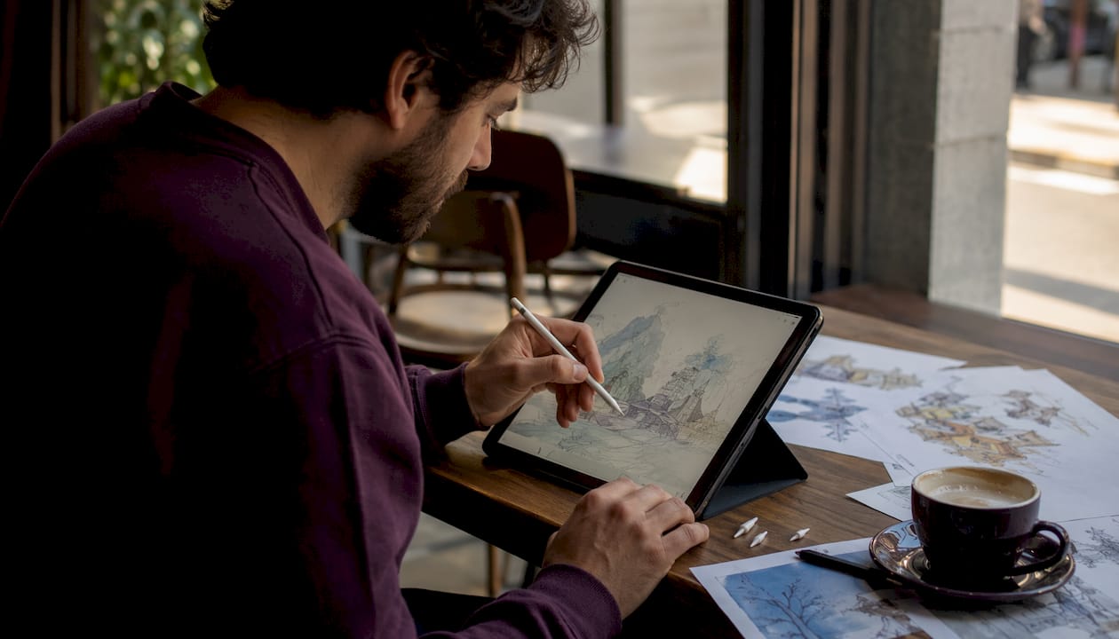 Hands drawing on iPad with matte textured protector