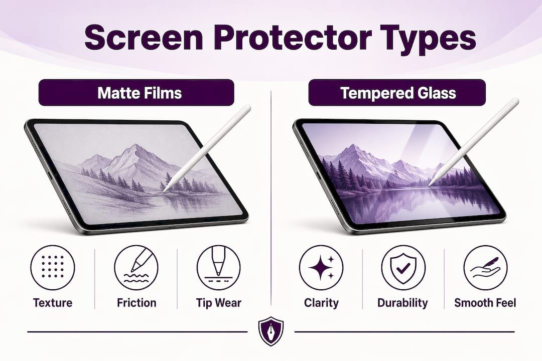 Infographic comparing matte films and tempered glass protectors