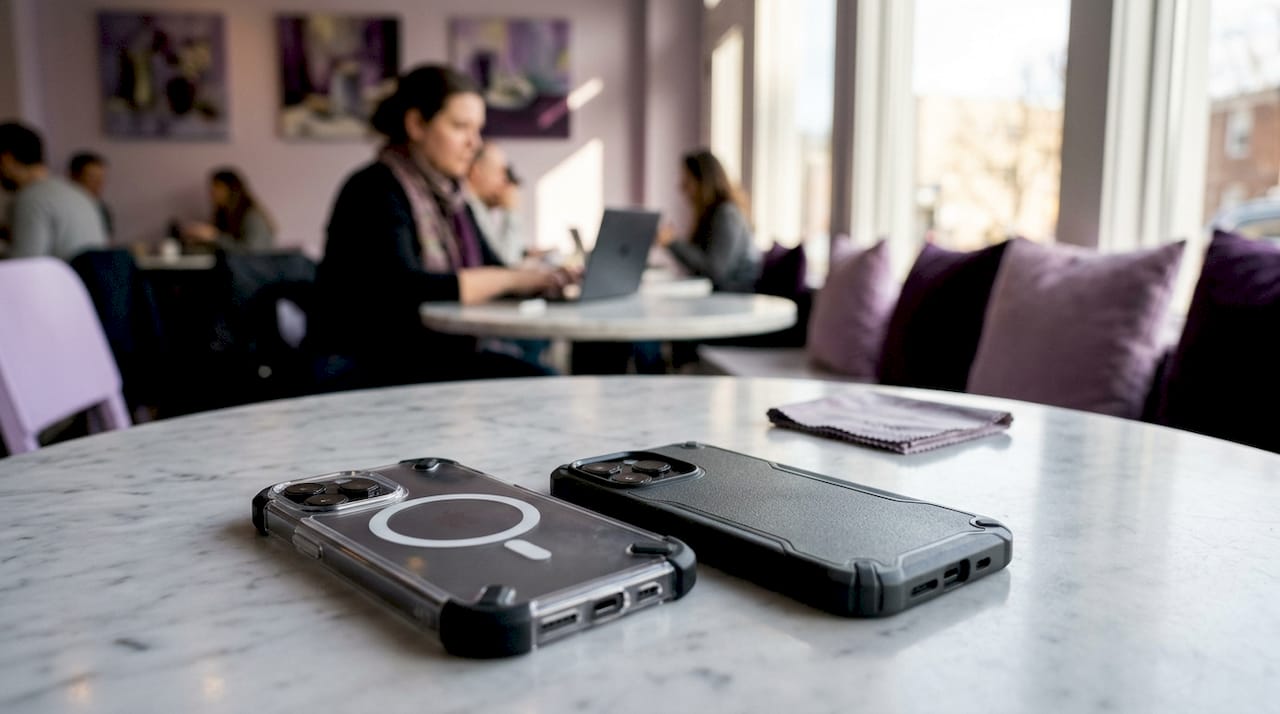 Rugged protective MagSafe cases on wooden studio table