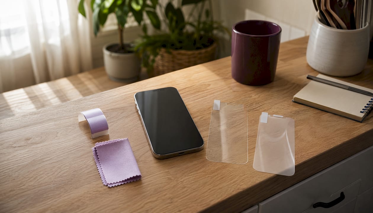 Tempered glass and plastic film protectors on desk