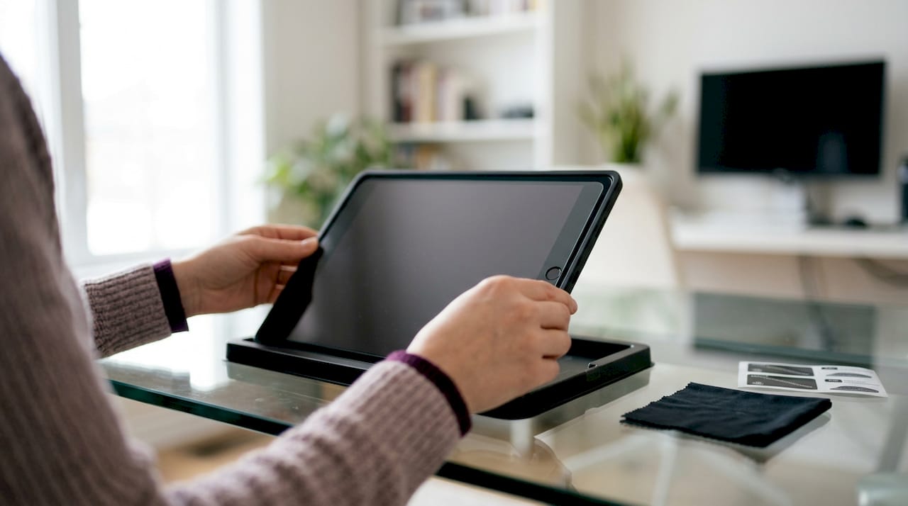 Hands applying tempered glass protector on iPad