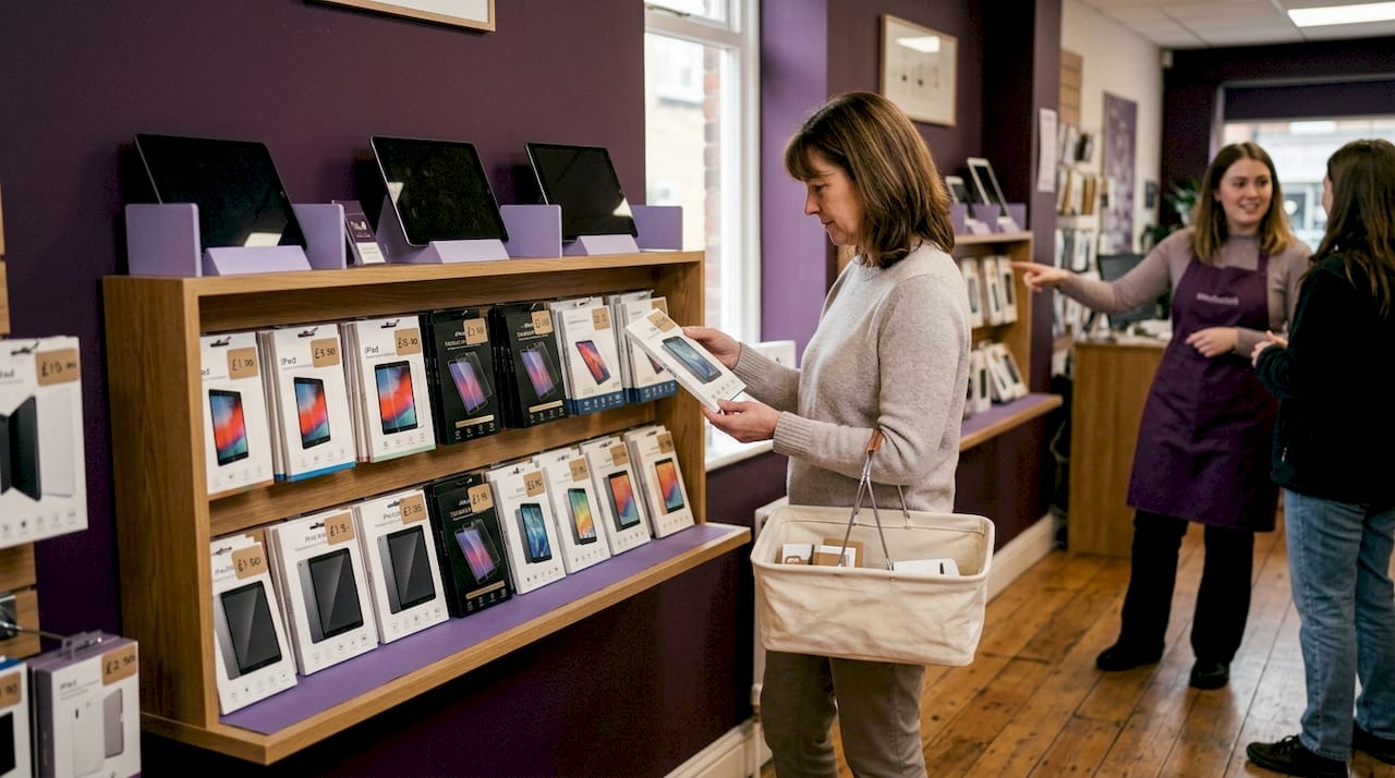 Retail store aisle with iPad screen protectors display