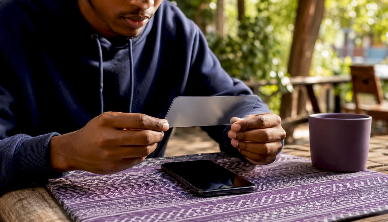 Hands holding matte finish tempered glass protector