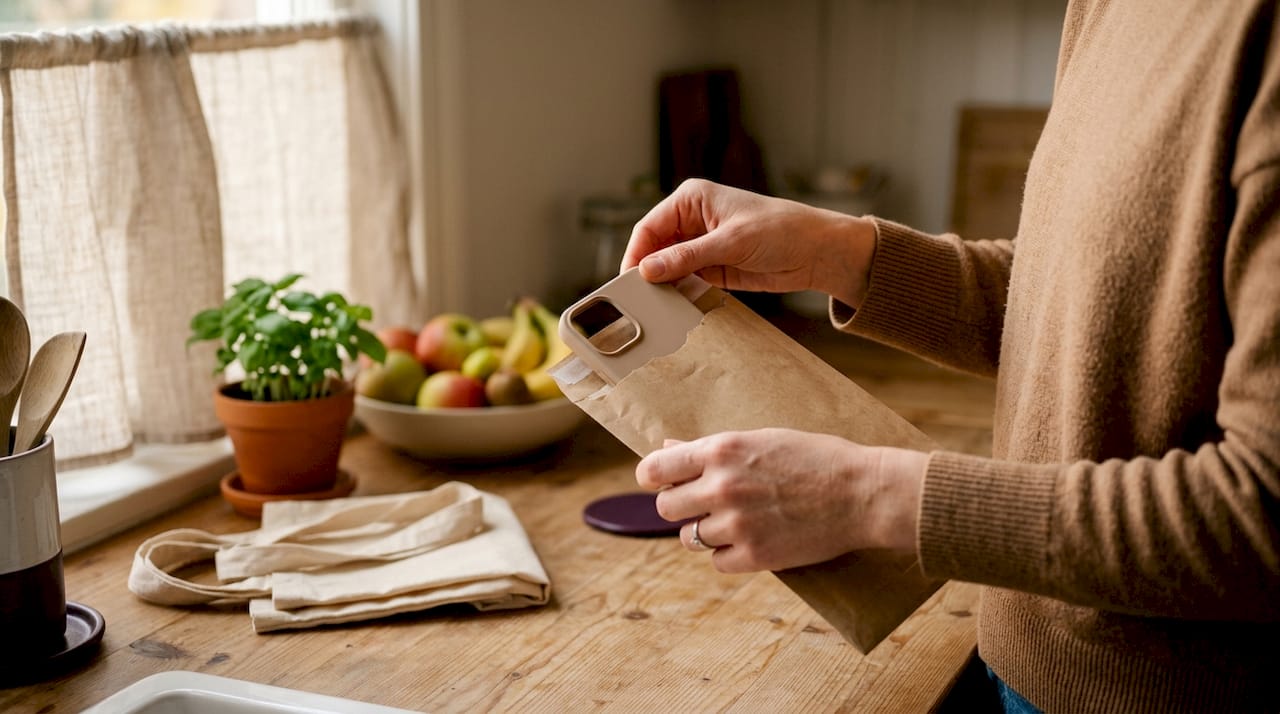 Unpacking biodegradable phone case in natural packaging