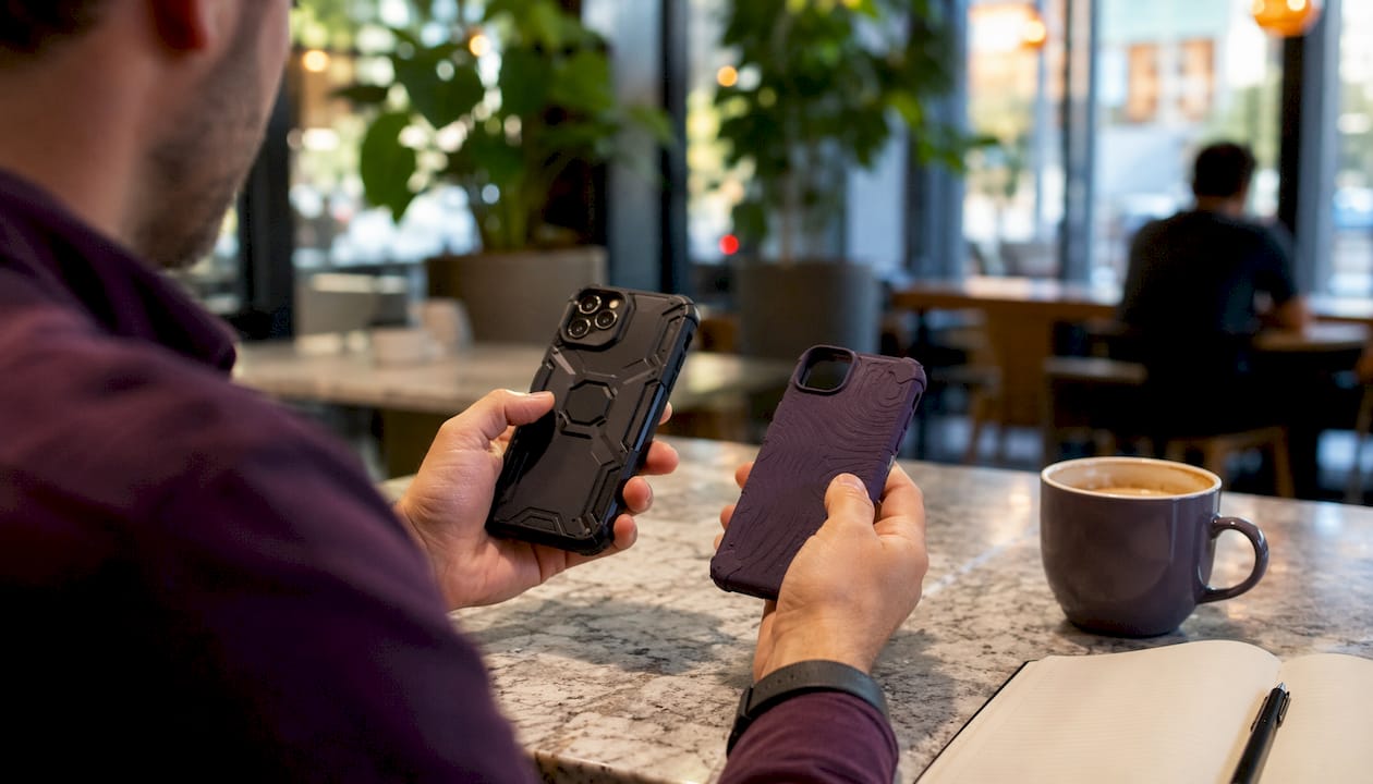 Hands comparing two rugged phone cases indoors