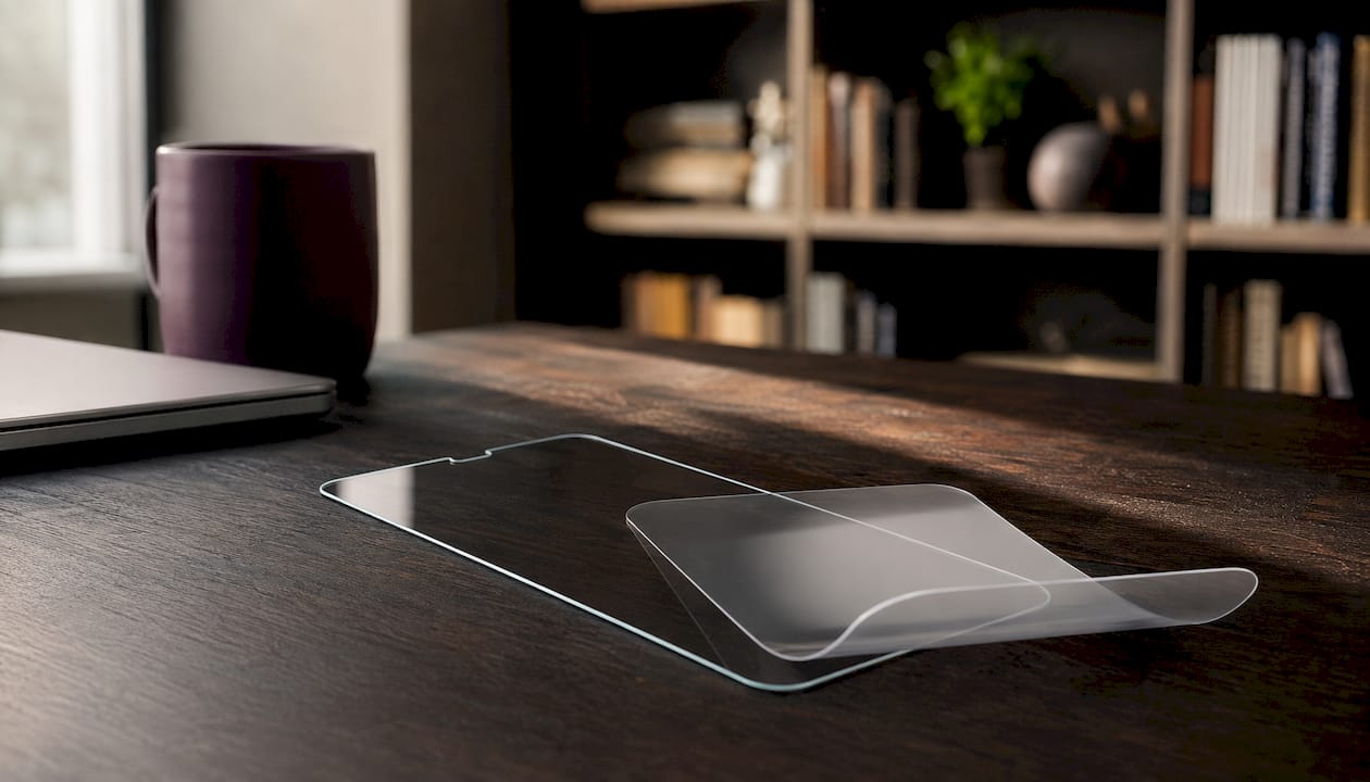 Close-up of tempered glass and hydrogel materials