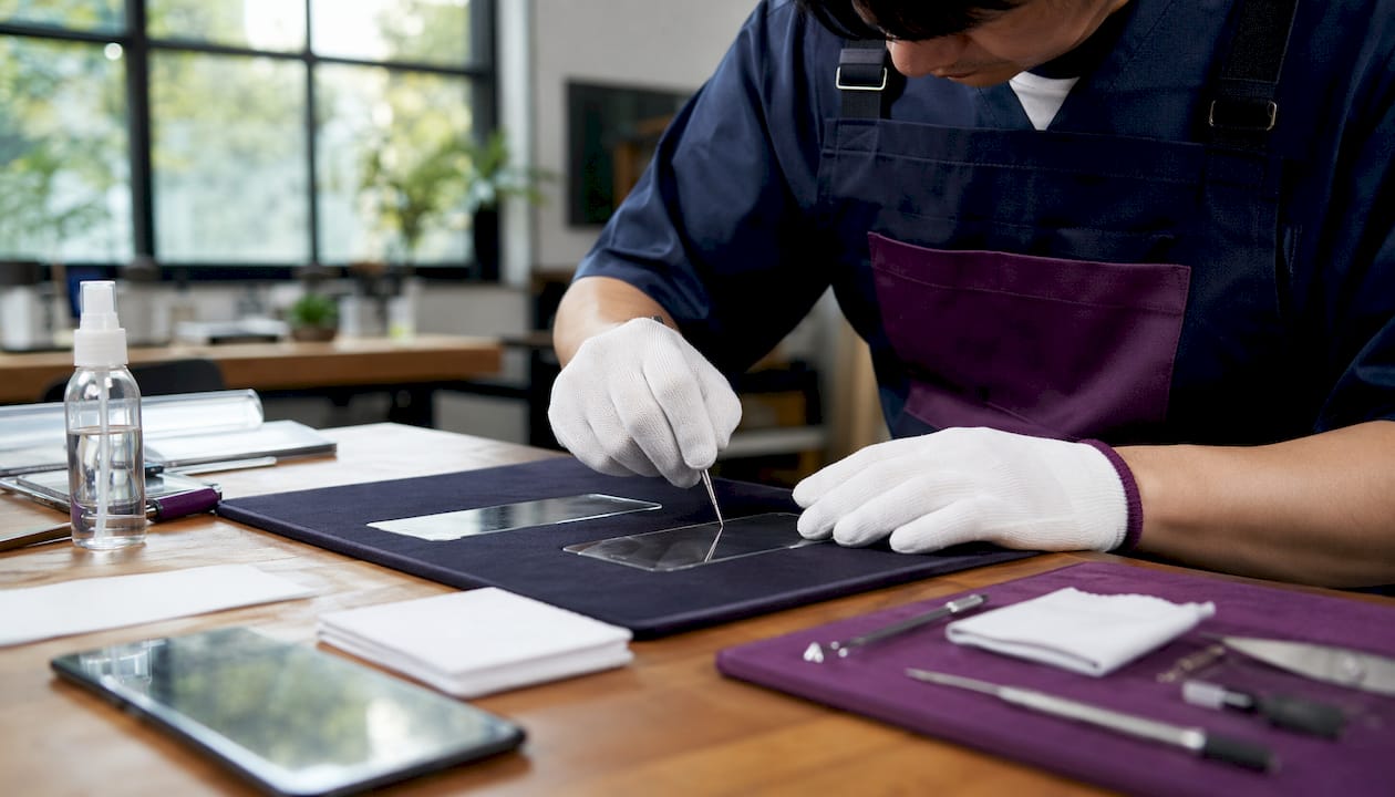 Technician testing scratch resistance on screen protectors