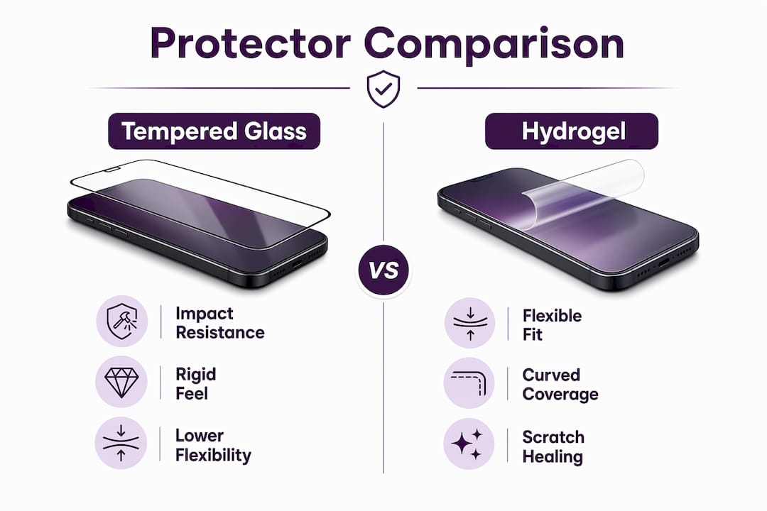 Infographic comparing tempered glass and hydrogel features
