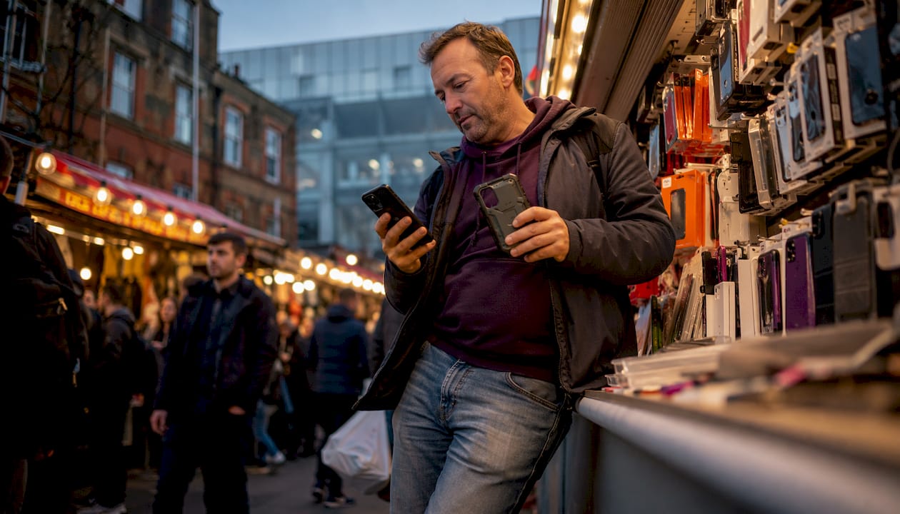 Man outdoors inspecting rugged phone case near store
