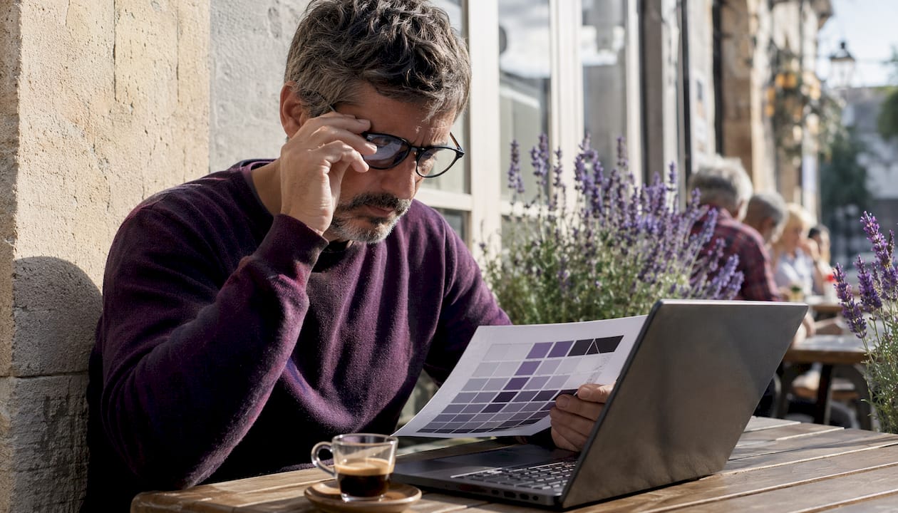 Man reviewing color charts using matte laptop screen