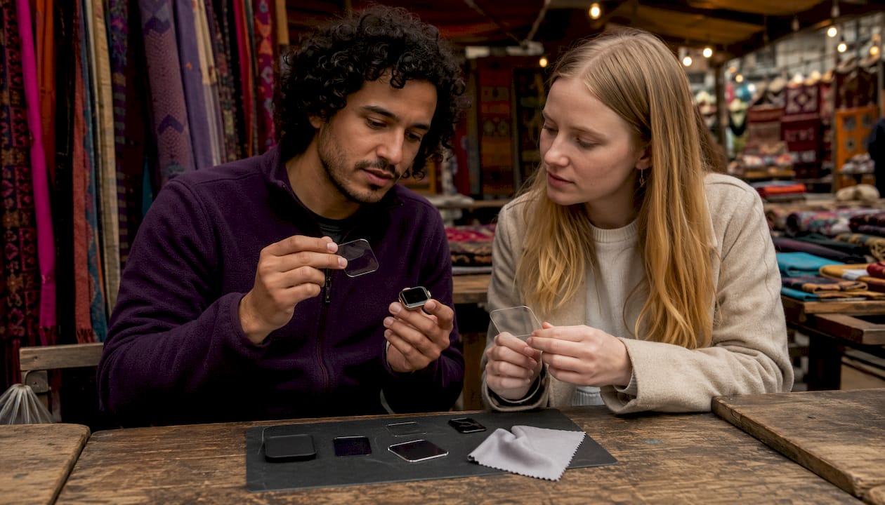 Two people comparing Apple Watch protectors in café