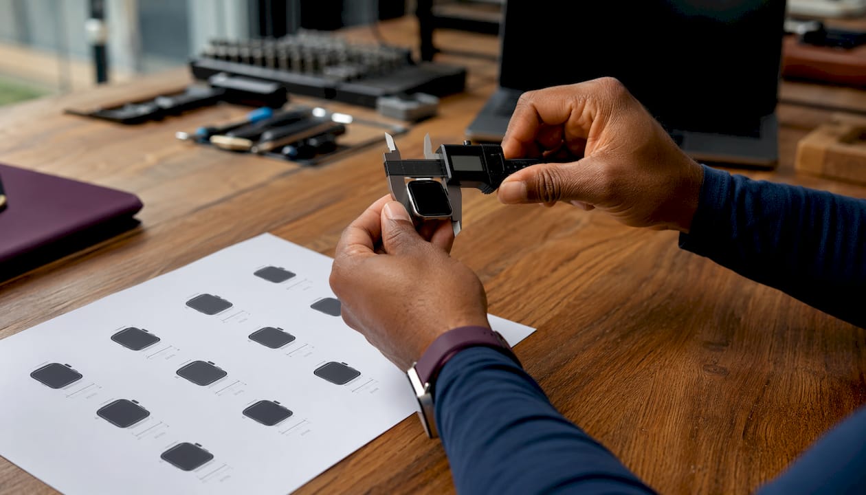 Hands measuring Apple Watch with calipers