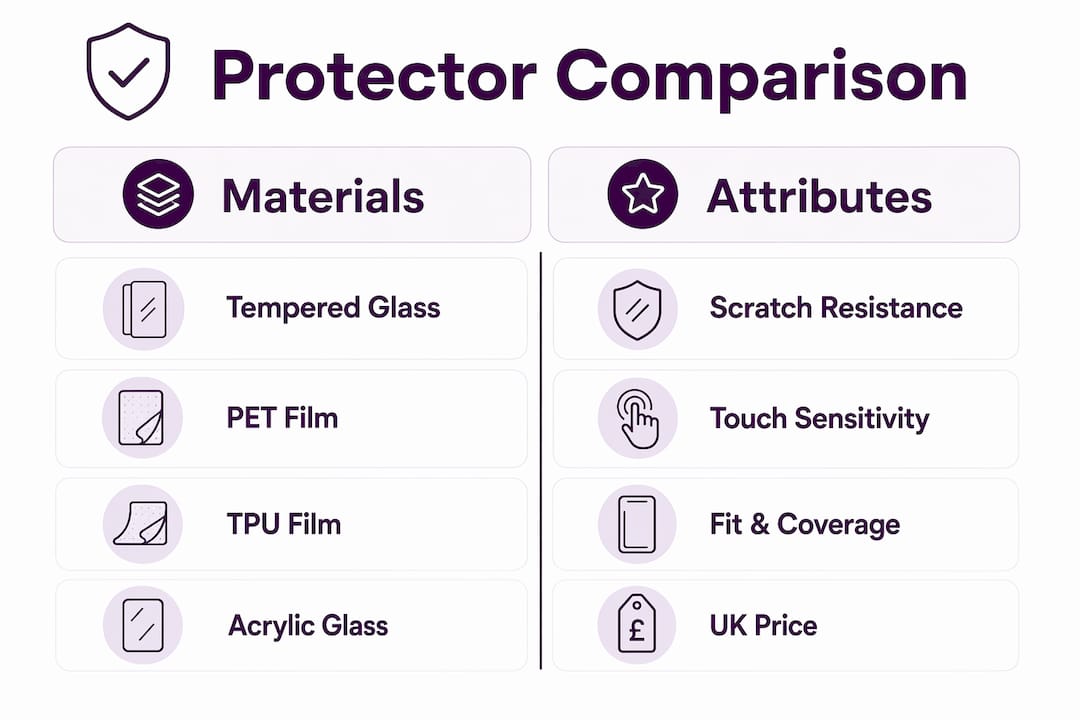 Infographic comparing Apple Watch protector materials and attributes