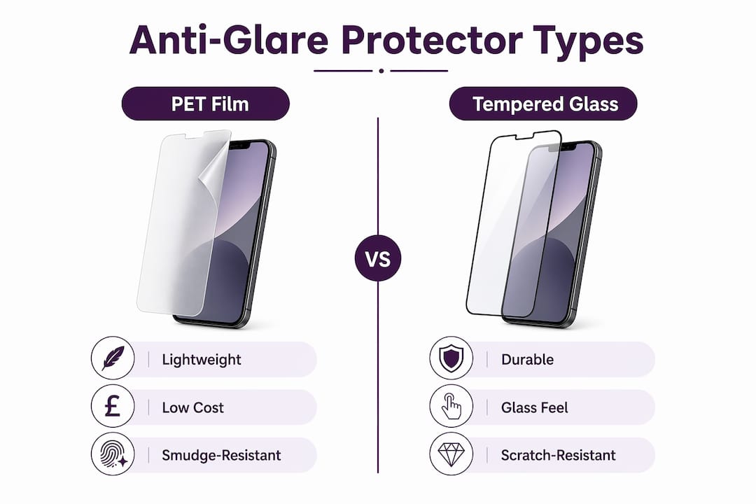 Infographic comparing PET film and tempered glass screen protectors