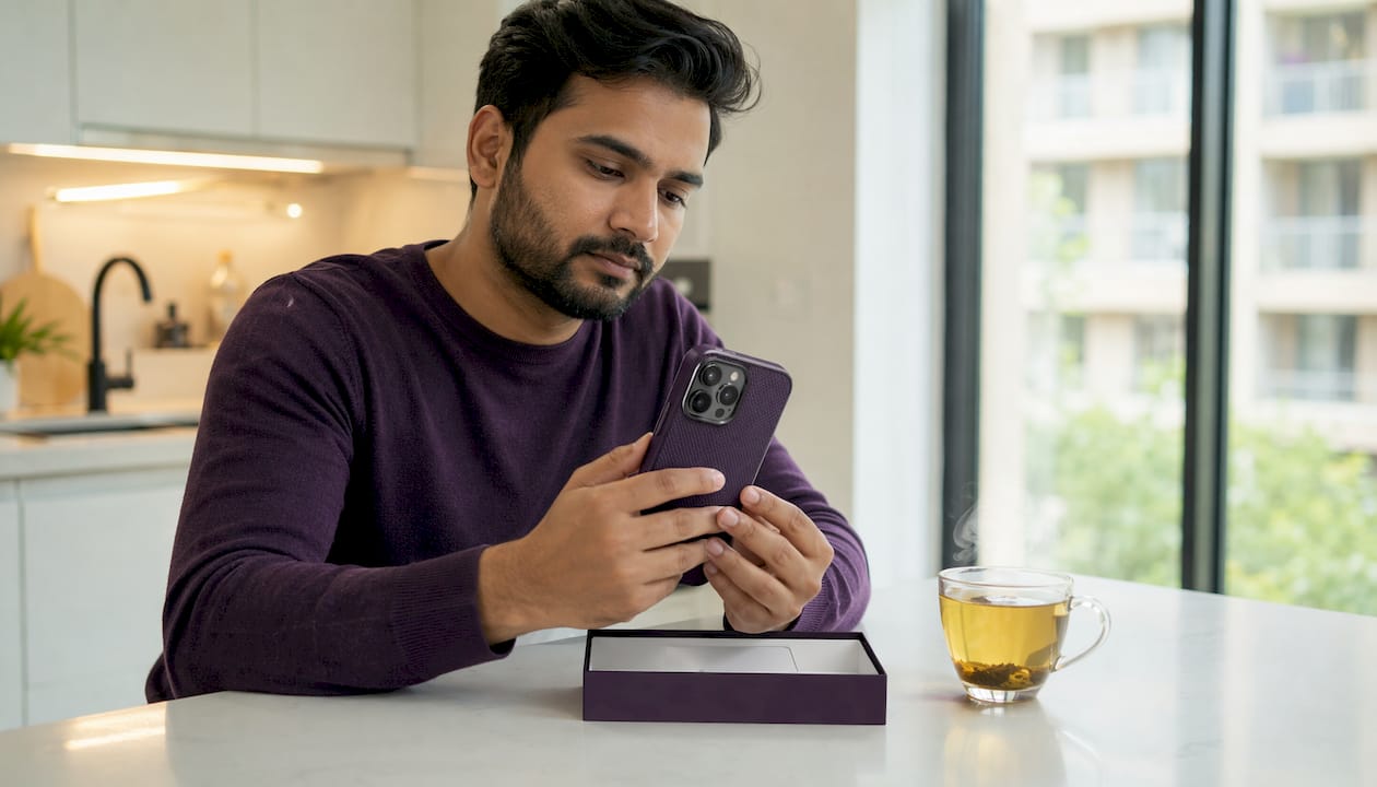 Man testing iPhone 16 case grip in café