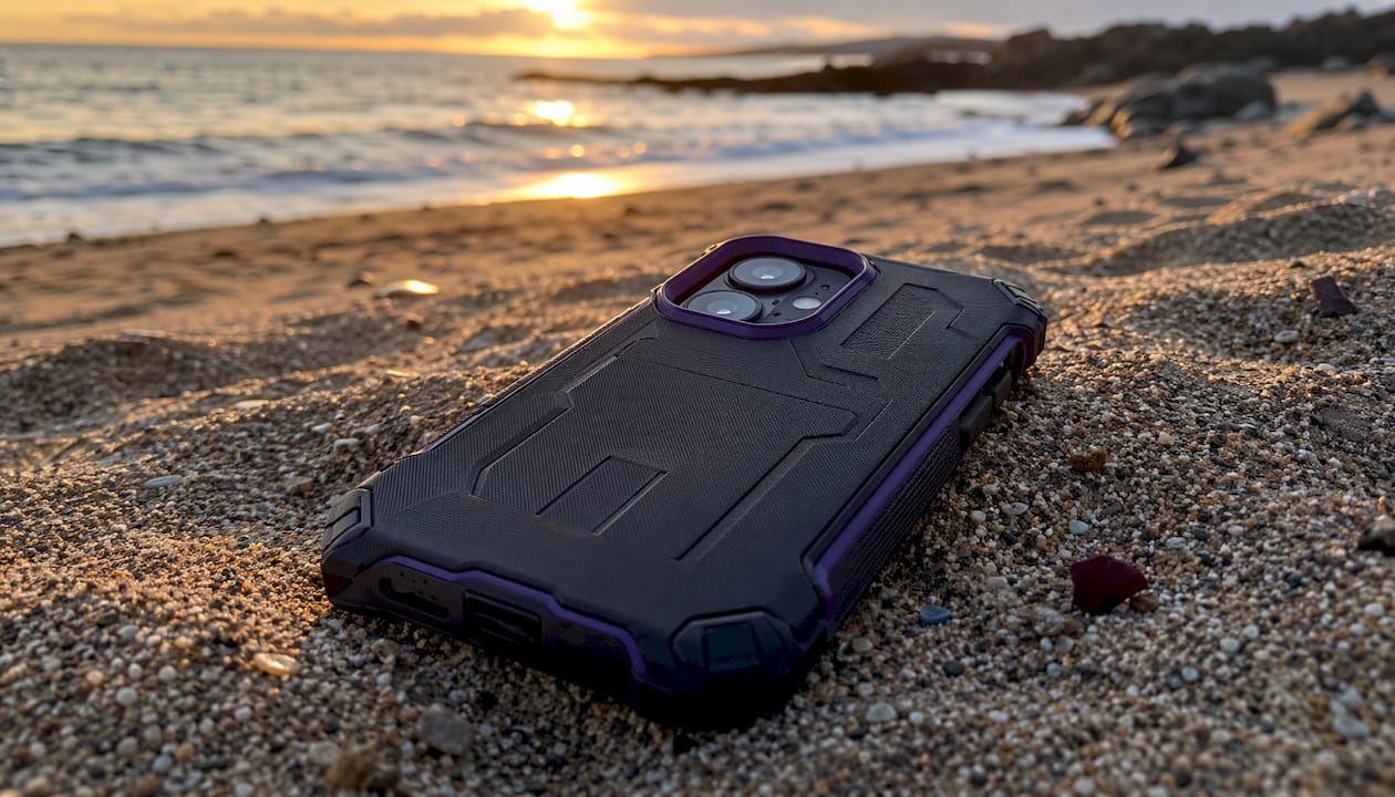 Close-up rugged iPhone 16 case on pavement outdoors