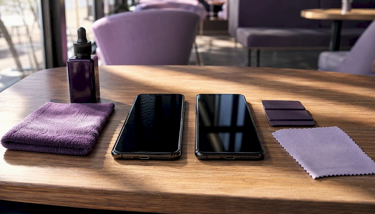 Overhead view of phones with liquid and glass protectors