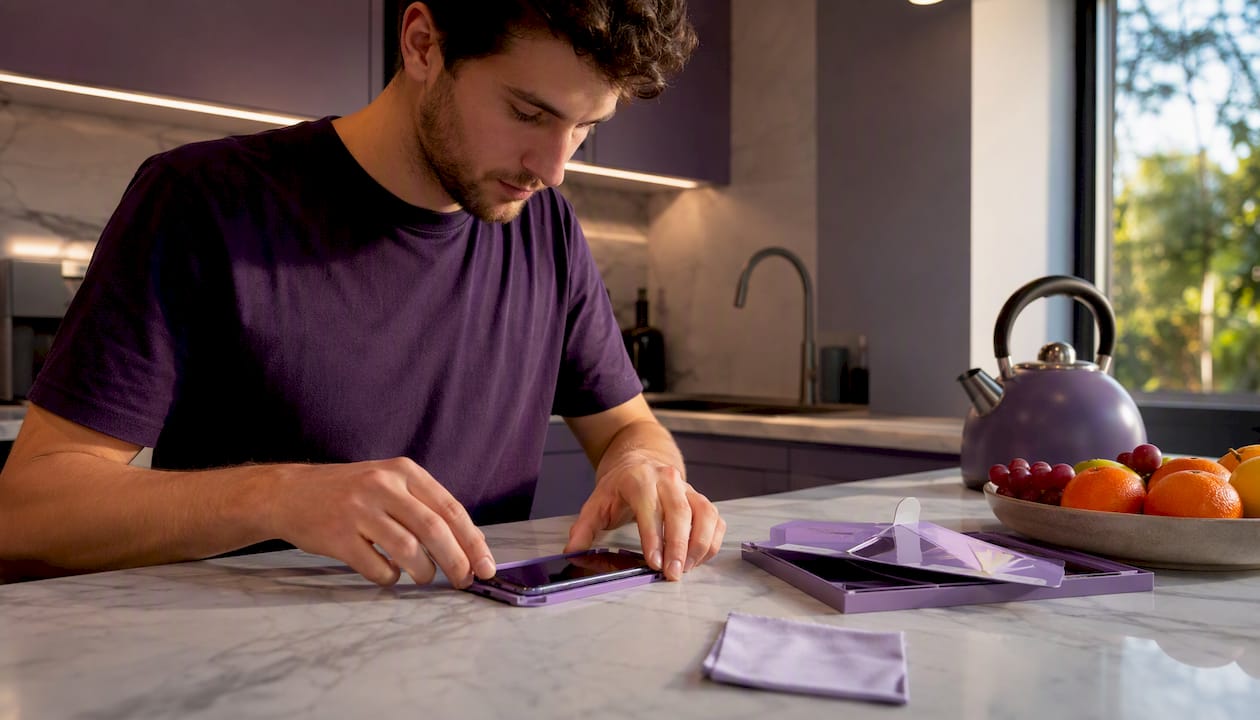 User fitting iPhone 16 using SmartProtectors alignment tray