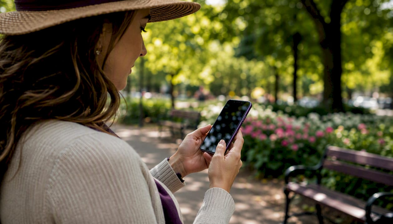 Woman outdoors using iPhone 16 with anti-glare protector