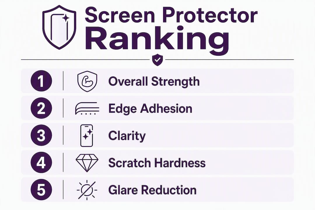 Infographic showing ranked iPhone 16 screen protector criteria